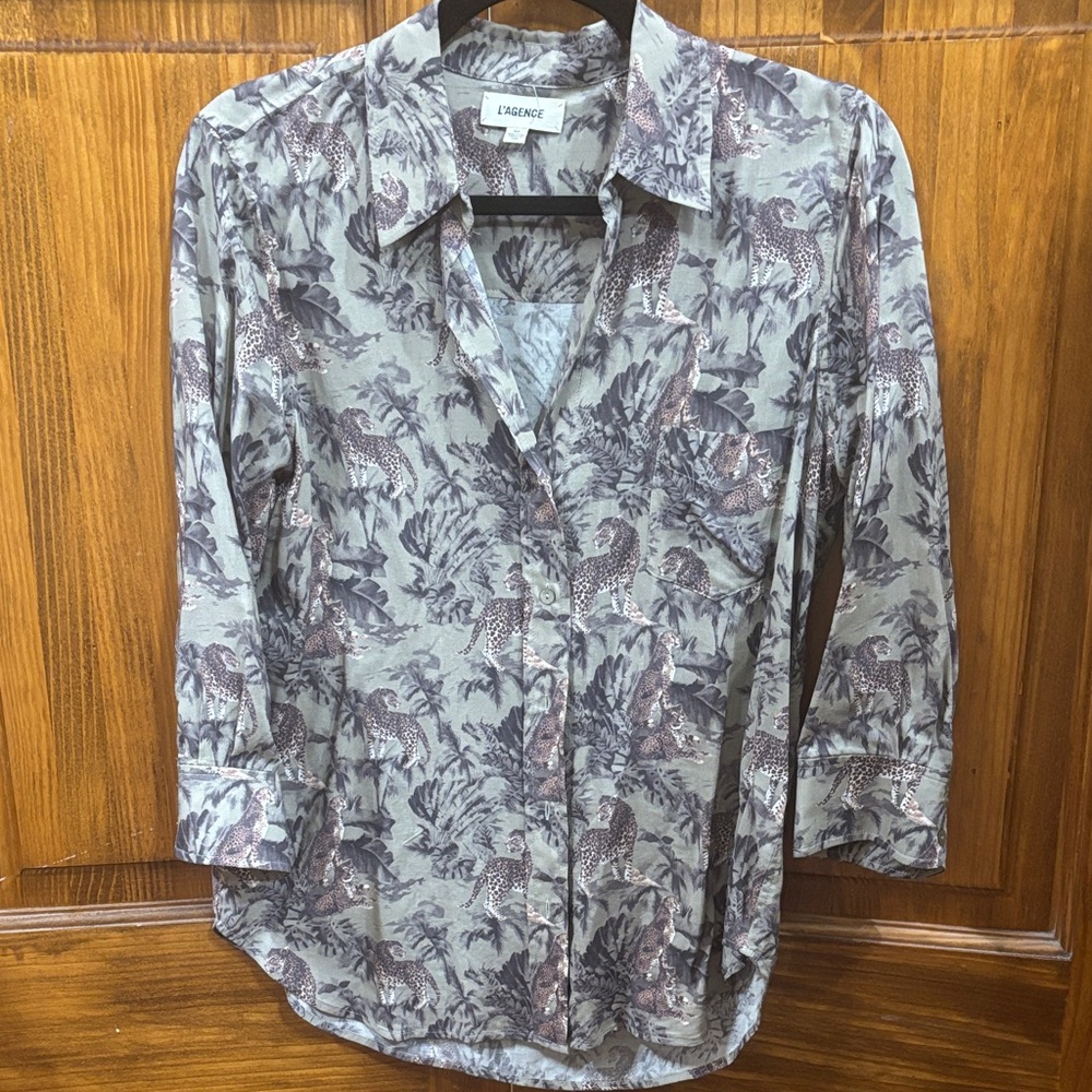 L'AGENCE Gray and Brown Patterned Blouse with Leopards